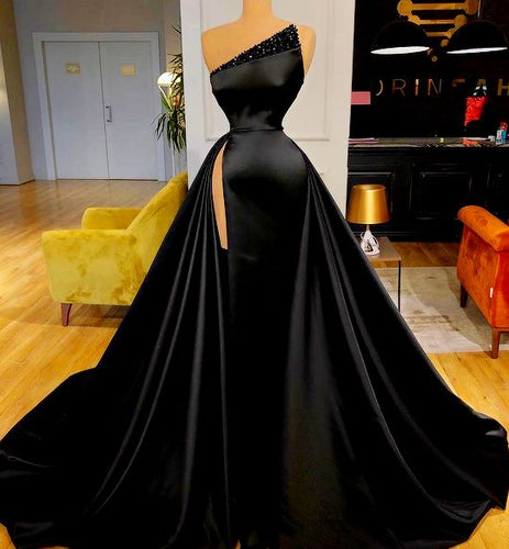 detachable skirt satin prom dresses long black beaded luxury elegant vintage prom gowns robe de bal