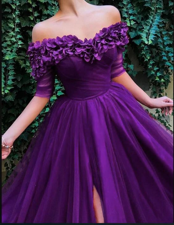 deep purple prom dresses handmade flowers off the shoulder elegant pro