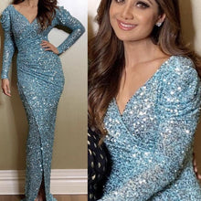 Load image into Gallery viewer, 2020 sparkly evening dresses long turquoise blue mermaid long sleeve mermaid elegant evening gowns