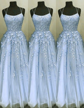 Load image into Gallery viewer, blue prom dresses long spaghetti strap lace applique elegant simple prom gown vestido de longo