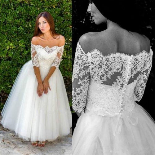 short wedding dresses boho lace applique boat neck vintage wedding gown vestido de novia