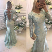 Load image into Gallery viewer, long sleeve blue evening dresses 2020 mermaid Lace Applique beaded modest elegant evening gown 2021