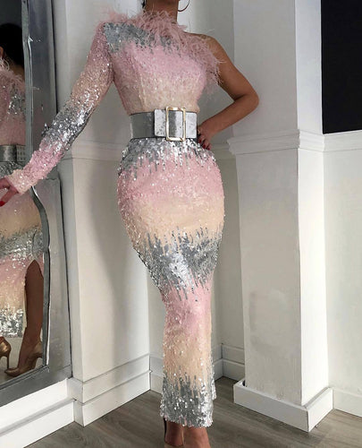 2020 one shoulder evening dresses long gradient sequin sparkle feather evening gown formal dress