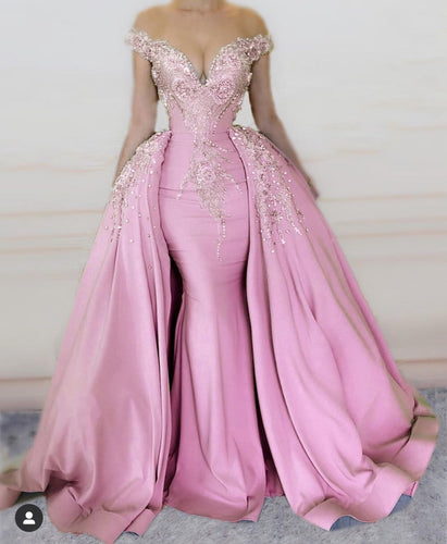 2021 pink beaded prom dresses with detachable skirt satin applique elegant vintage luxury prom gowns 2022