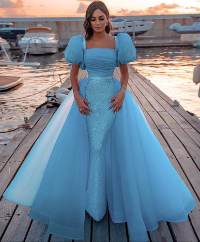 short sleeve blue prom dresses with detachable skirt sparkly sequin elegant luxury prom gowns robe de soiree