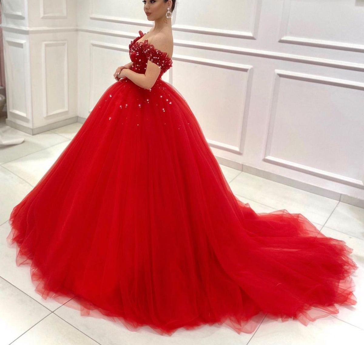 Red Lace Ball Gown Prom Dresses Off The Shoulder Quinceanera Dress 66842 viniodress Custom Colors / US22W