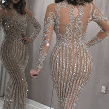 Load image into Gallery viewer, silver evening dresses long sleeve mermaid sparkle elegant evening gown 2020 robe de soiree 2019