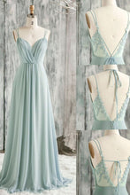 Load image into Gallery viewer, sage green bridesmaid dresses long chiffon lace v neck a line cheap wedding guest dresses