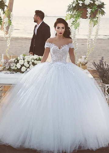 2020 wedding dresses boho lace appliqué off the shoulder tulle princess elegant white wedding gown 2021