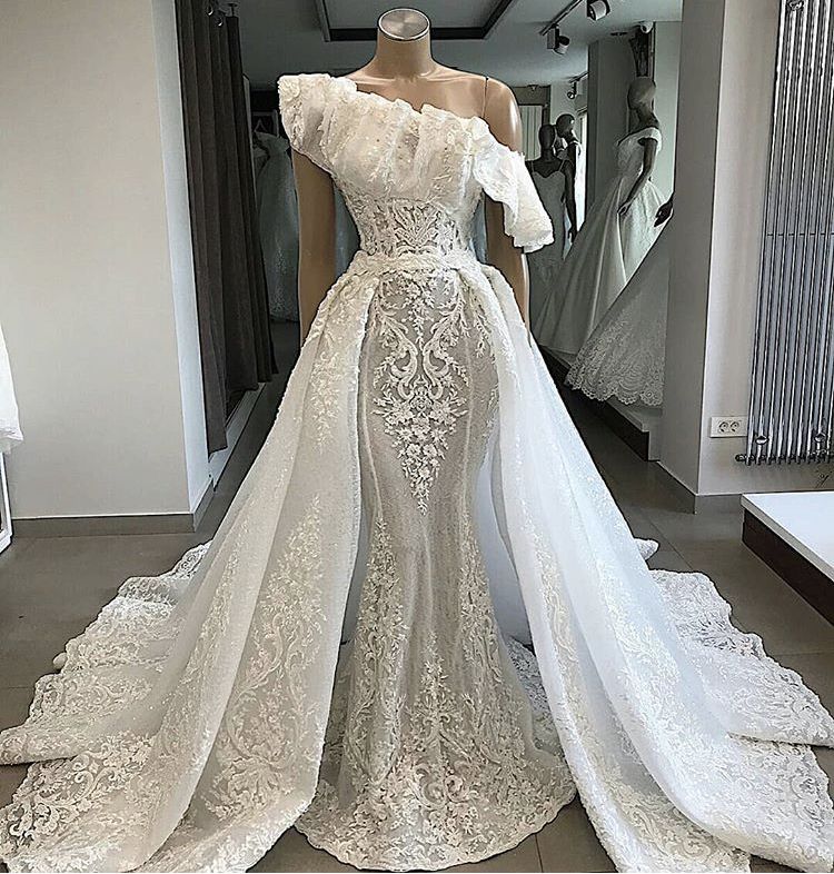 one shoulder detachable skirt wedding dresses for bride 2020 lace appliqué luxury wedding gown vestido de novia