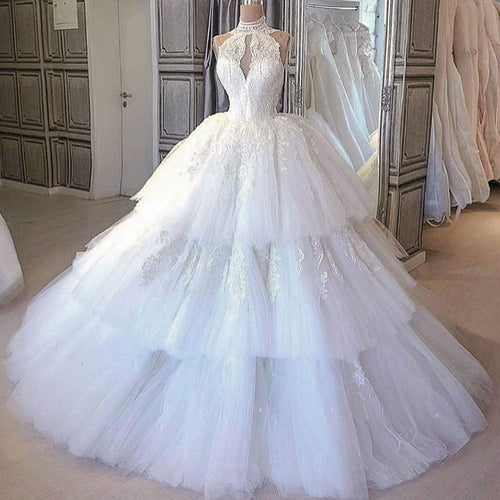 2020 real photo white wedding dress ball gown vestido de noiva lace appliqué high neck tiered wedding gown 2021