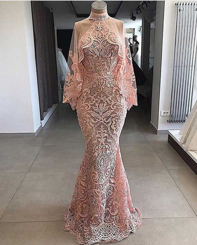 Dubai caftan pink evening dresses long lace appliqué mermaid elegant muslim evening gown
