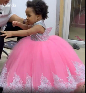 pink flower girl dresses for weddings lace applique kids cheap tutu kids prom dress