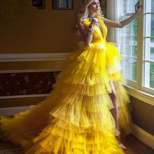 Load image into Gallery viewer, tulle prom dress ball gown high low yellow v neck elegant prom gowns vestidos de graduacion