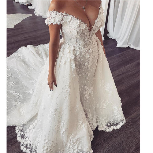 3d flowers detachable train wedding dresses for bride vestido de novia lace appliqué 2020 off the shoulder wedding gowns