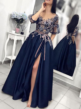 Load image into Gallery viewer, lace applique prom gown 2020 half sleeve navy blue satin elegant cheap prom dresses long vestido de festa