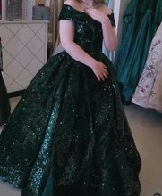 Load image into Gallery viewer, sparkly glitter prom dresses ball gown green off the shoulder elegant cheap prom gowns robe de soiree
