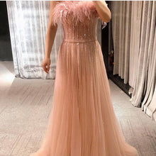 Load image into Gallery viewer, beaded pink prom dresses a line feather crystal elegant tulle luxury prom gown robes de cocktail