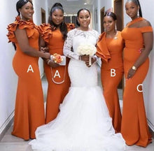 Load image into Gallery viewer, orange mermaid bridesmaid dresses long cheap african elegant 2021 wedding party dresses 2022