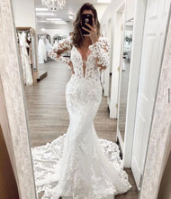 Load image into Gallery viewer, vestido de novia de seria lace applique wedding dresses 2022 mermaid v neck elegant white wedding gown 2023 bridal dresses