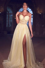 Load image into Gallery viewer, yellow prom dresses long 2022 tulle lace applique spaghetti strap a line cheap prom gown