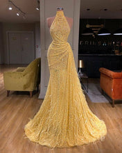 Load image into Gallery viewer, yellow evening dresses long high neck sparkly feather luxury bling evening gown formal dress