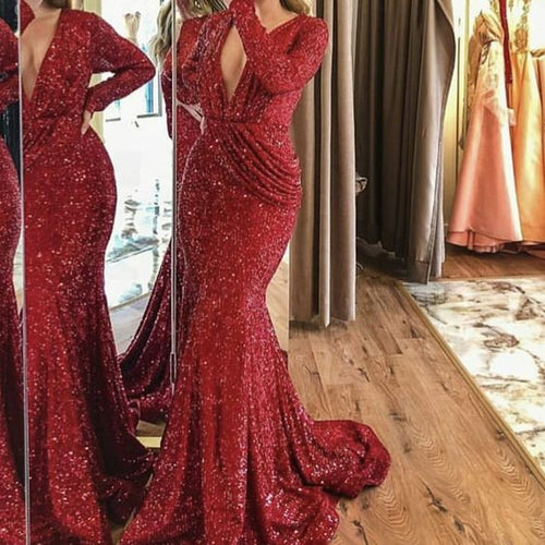 red sparkly evening dresses long sleeve mermaid sequin modest sexy formal dresses vested de Longo