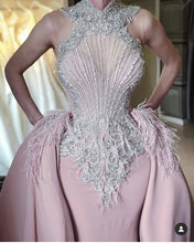 Load image into Gallery viewer, feather beaded prom dresses with detachable train pink luxury prom gown vestido de fiesta