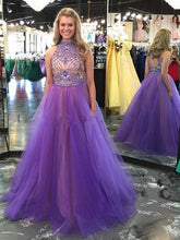 Load image into Gallery viewer, purple beaded senior prom dresses long 2020 high neck elegant cheap pageant dresses for women 2021