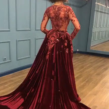 Load image into Gallery viewer, burgundy prom dresses with removable skirt beaded lace applique elegant vintage prom gown