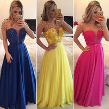 Load image into Gallery viewer, cheap prom dresses short sleeve beaded a line chiffon elegant prom gown robe de soiree 2021