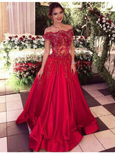 Load image into Gallery viewer, red prom dress 2020 boat neck lace appliqué beaded elegant satin prom gown long vestido de festa