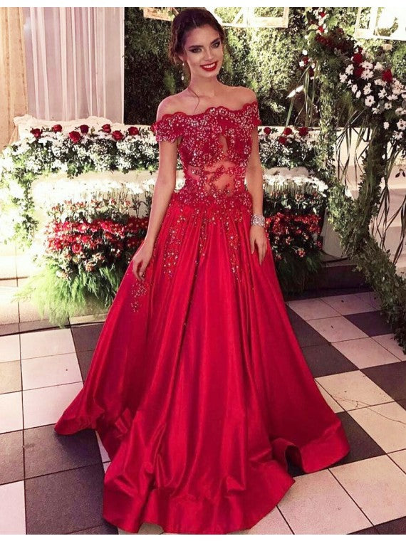 red prom dress 2020 boat neck lace appliqué beaded elegant satin prom gown long vestido de festa