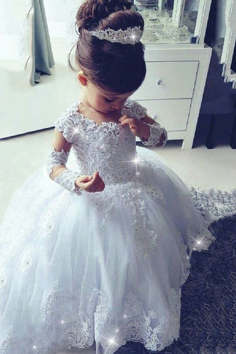 white lace flower girl dresses for weddings long sleeve cute applique cheap kids first communion dresses