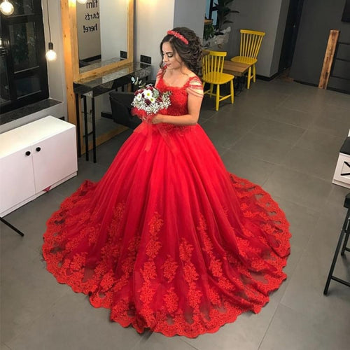 red lace applique wedding dresses ball gown 2021 boho elegant princess cheap wedding gown