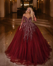 Load image into Gallery viewer, burgundy prom dresses ball gown beaded applique off the shoulder elegant luxury prom gown