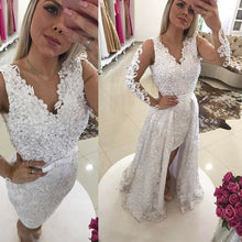 Load image into Gallery viewer, white lace applique prom dresses2020 detachable skirt beaded v neck long sleeve 2021 prom gown vestido de fiesta