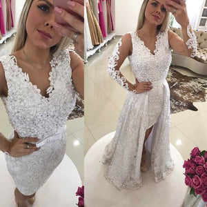 white lace applique prom dresses2020 detachable skirt beaded v neck long sleeve 2021 prom gown vestido de fiesta