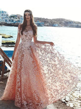 Load image into Gallery viewer, pink lace appliqué prom dresses long off the shoulder sparkly elegant a line prom gown vestido de festa