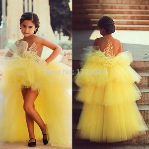 tiered yellow flower girl dresses for weddings lace applique high low cheap kids prom gown