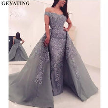 Load image into Gallery viewer, silver gray prom dresses 2021 detachable skirt lace applique beaded elegant vintage prom gown