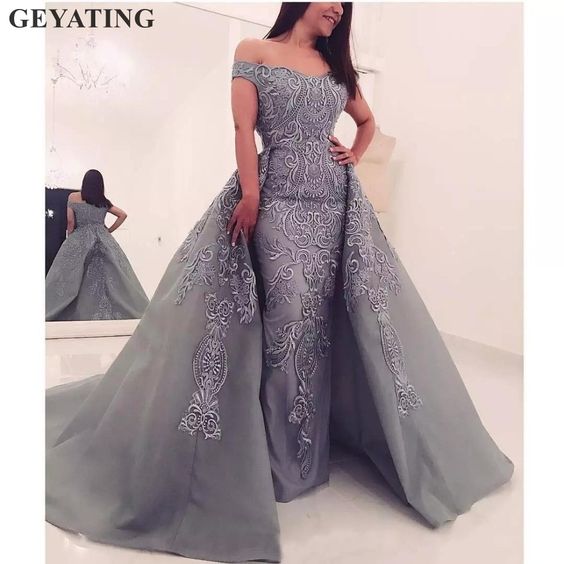 silver gray prom dresses 2021 detachable skirt lace applique beaded elegant vintage prom gown