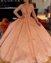 Load image into Gallery viewer, long sleeve peach prom ball gown lace appliqué beaded elegant v neck boho prom dresses