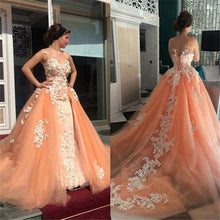 Load image into Gallery viewer, detachable skirt peach prom dresses 2020 lace applique elegant sleeveless prom gown