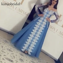 Load image into Gallery viewer, blue lace applique prom dresses 2021 vestido de festa long sleeve vintage prom gown 2020