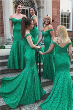 Load image into Gallery viewer, green lace bridesmaid dresses long mermaid off the shoulder elegant cheap wedding party dress