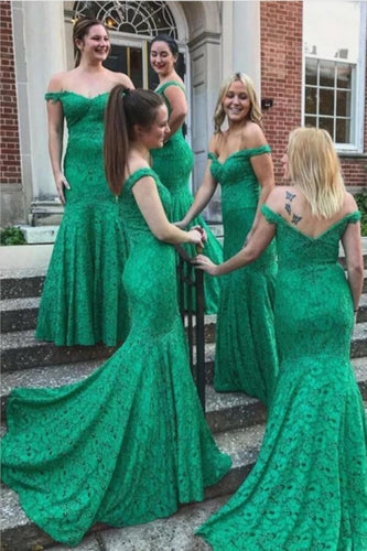 green lace bridesmaid dresses long mermaid off the shoulder elegant cheap wedding party dress