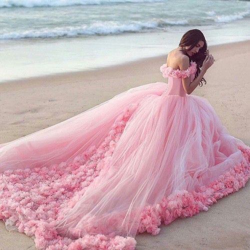 pink wedding dresses ball gown off the shoulder handmade flowers elegant princess wedding gown