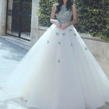 Load image into Gallery viewer, beaded prom dresses 2021 white crystals elegant cap sleeve tulle prom gown robe de soiree