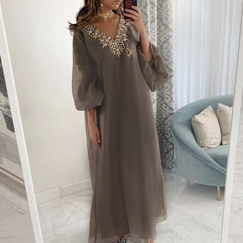 muslim prom dresses long sleeve beaded v neck elegant vintage arabic prom gown 2021